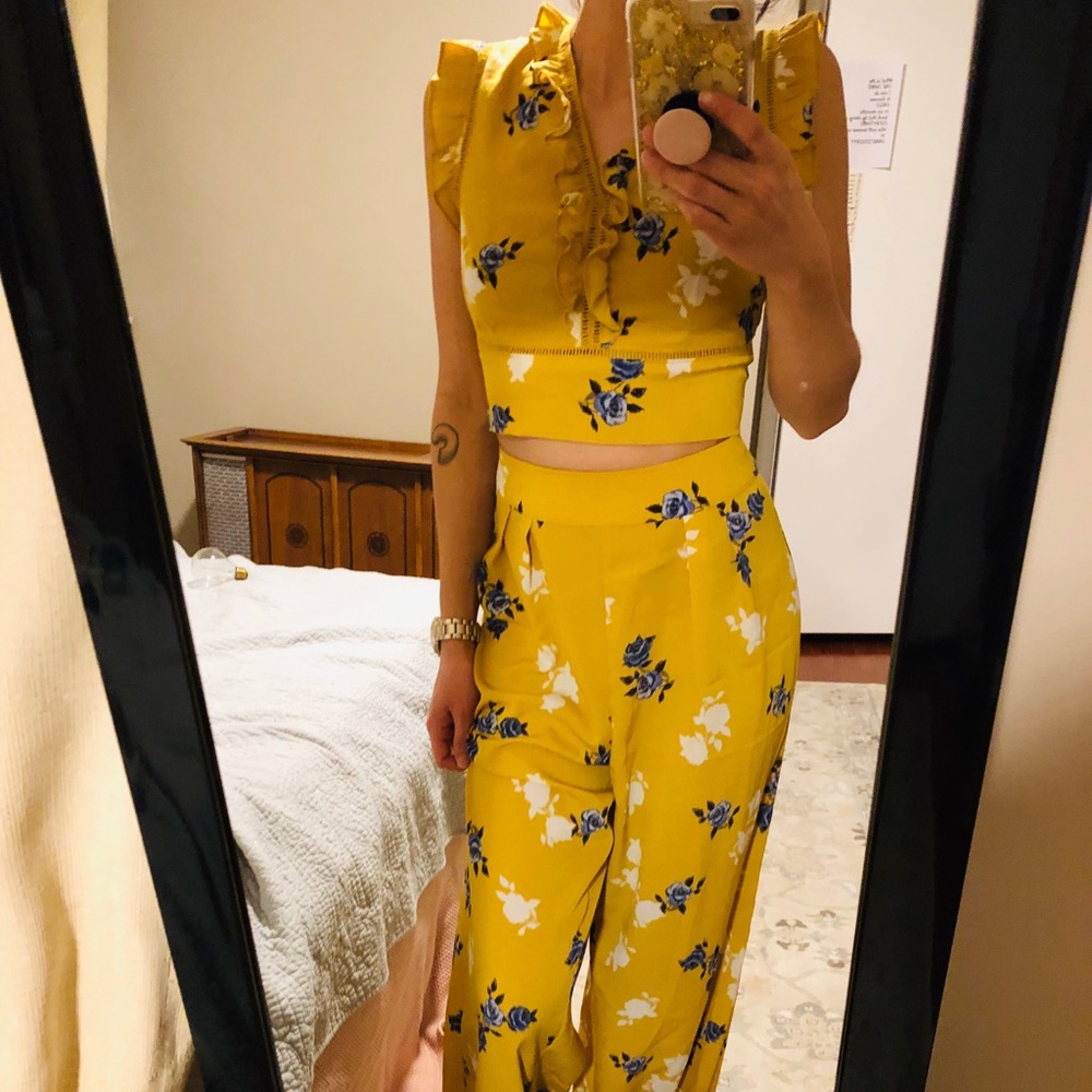 Yellow Mustard Floral Crop and Pant Set
